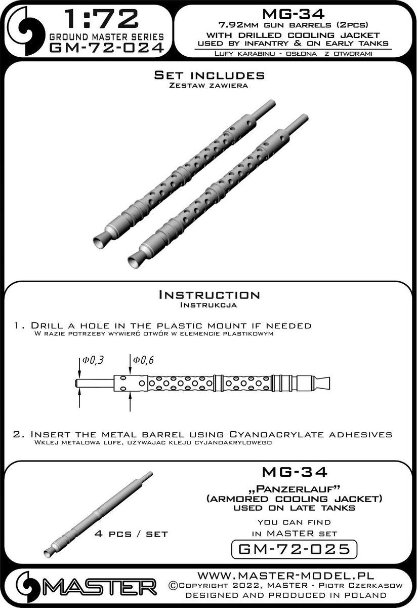 Canons de mitrailleuse allemande Master GM-72-024 MG-34 (7,92 mm) - version avec chemise de refroidissement perforée - utilisée par l&amp;#39;infanterie et sur les premiers chars (2 pièces) 1/72 – image 6