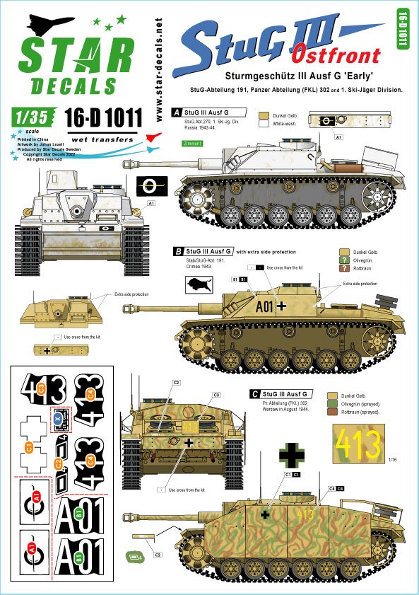 Décalcomanies étoiles 16-D1011 StuG III sur Ostfront. Sturmgeschutz III Ausf G Début 1/16
