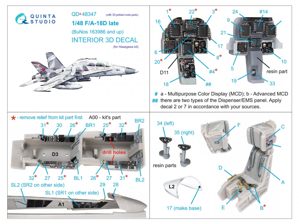 Quinta Studio QD+48347 FA-18D tardif Intérieur coloré imprimé en 3D sur papier décalcomanie (Hasegawa) (avec pièces en résine imprimées en 3D) 1/48 – immagine 2