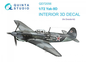 Intérieur imprimé en 3D et coloré sur papier décalcomanie Quinta Studio QD72056 Yak-9D (Zvezda) 1/72