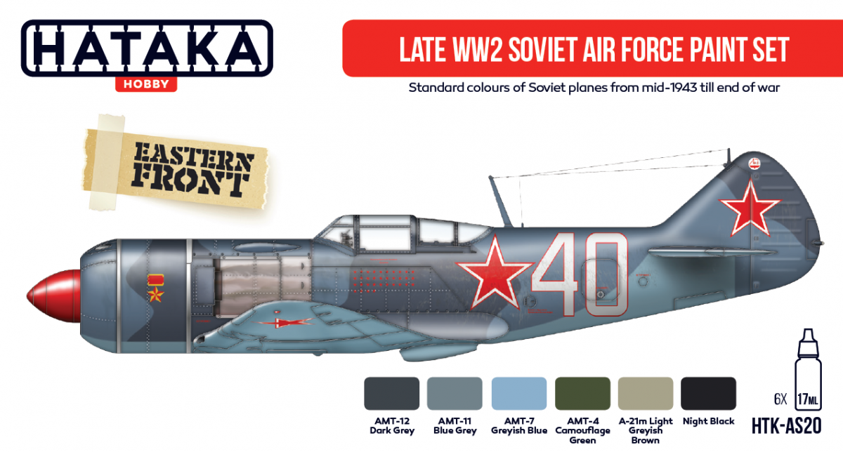 Ensemble de peinture Hataka HTK-AS20 pour l&amp;#39;armée de l&amp;#39;air soviétique de fin de la Seconde Guerre mondiale (6 x 17 ml)
