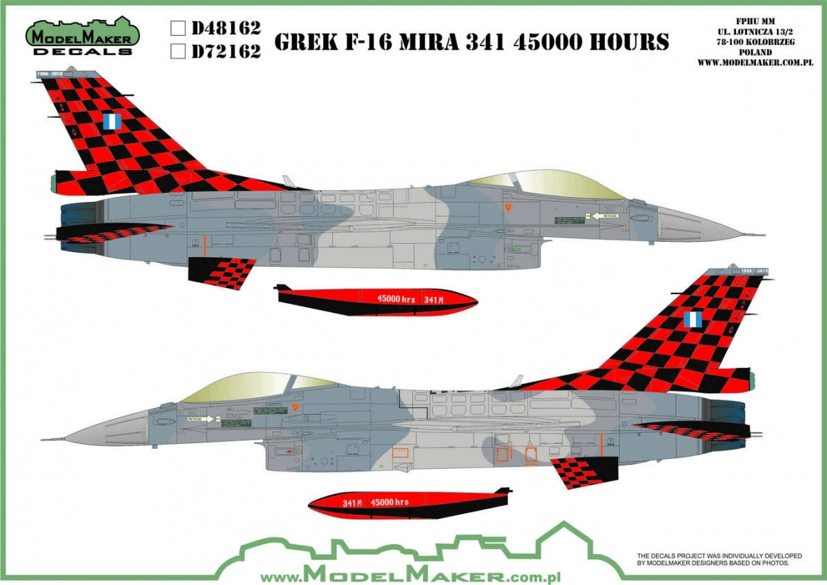 Décalcomanies ModelMaker D48162 F-16 grec 341 Mira 45000 heures 1/48 