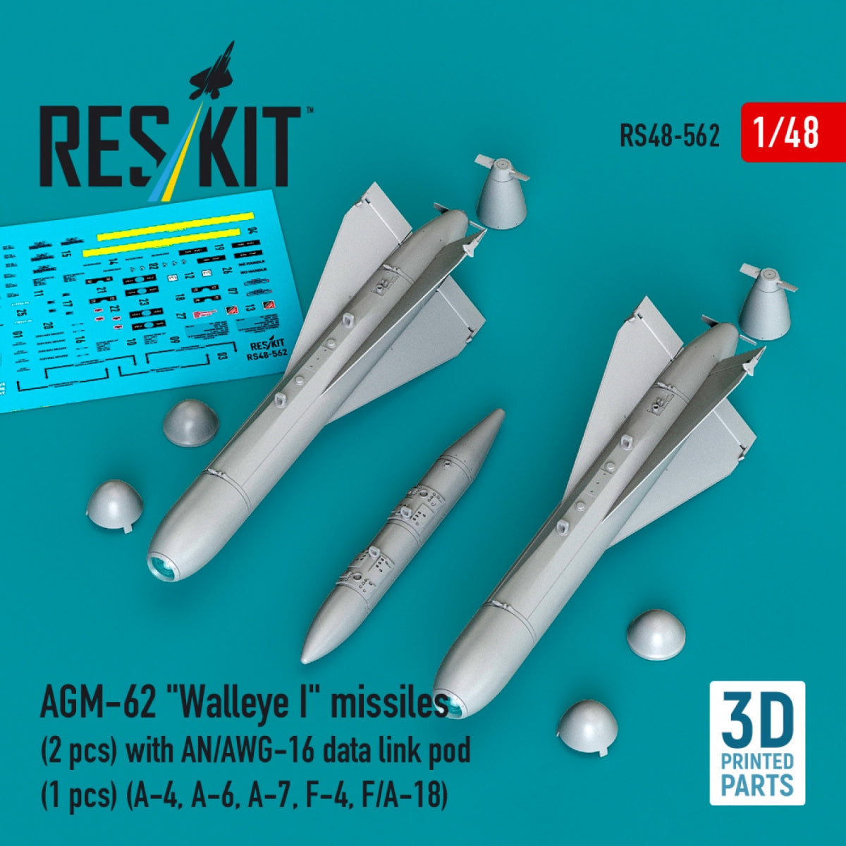 RESKIT RS48-0562 AGM-62 "Walleye I" missiles (2 pcs) with AN/AWG-16 data link pod (1 pcs) (A-4, A-6, A-7, F-4, F/A-18) (3D Printed) 1/48