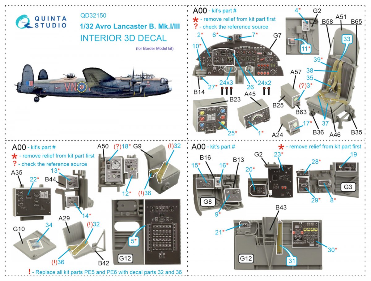 Intérieur imprimé en 3D et coloré sur papier décalcomanie Quinta Studio QD32150 Avro Lancaster B. Mk.I/III (Border Model) à l&amp;#39;échelle 1/32 – Bild 7