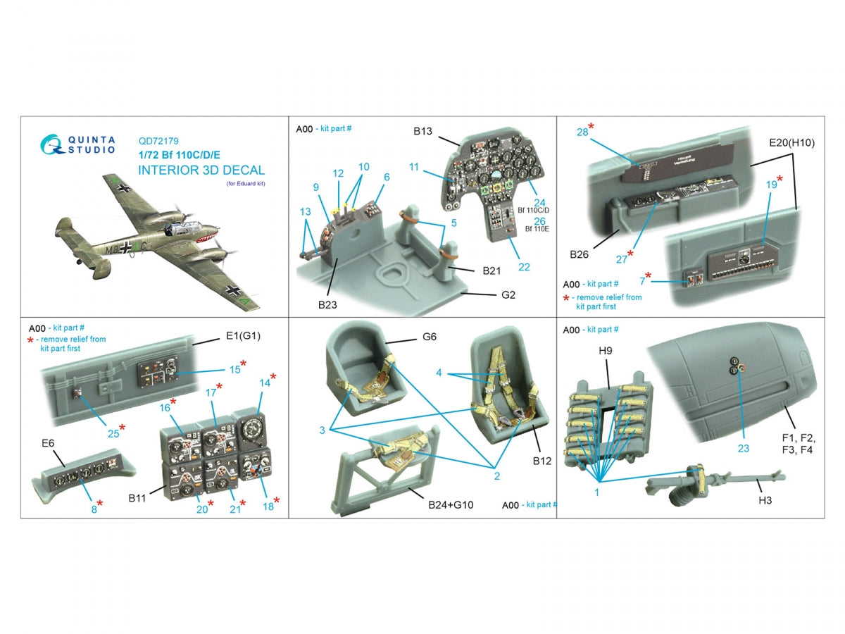 Intérieur imprimé en 3D et coloré sur papier décalcomanie Quinta Studio QD72179 Bf 110C/D/E (Eduard) 1/72 – immagine 2