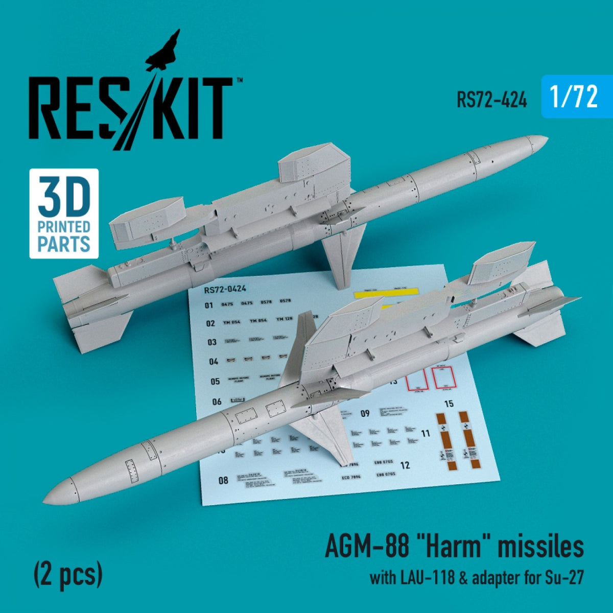RESKIT RS72-0424 AGM-88 "HARM" MISSILES WITH LAU-118 &amp; ADAPTER FOR SU-27 (2 PCS) 1/72