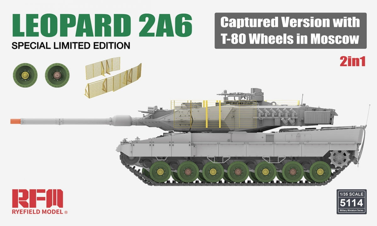 Maquette Rye Field Model 5114 Leopard 2A6, version capturée avec roues de T-80 à Moscou, échelle 1/35