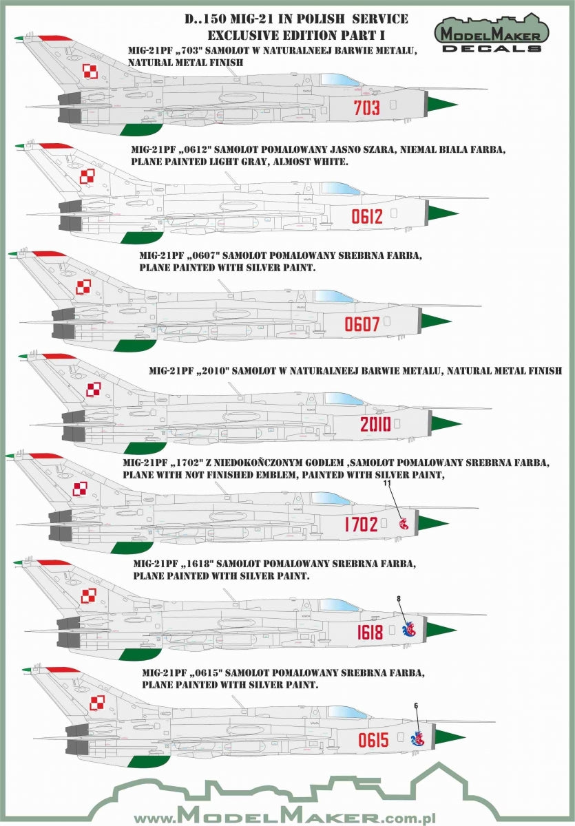 Décalcomanies ModelMaker D48150 MiG-21 en service polonais, édition exclusive, partie I, échelle 1/48