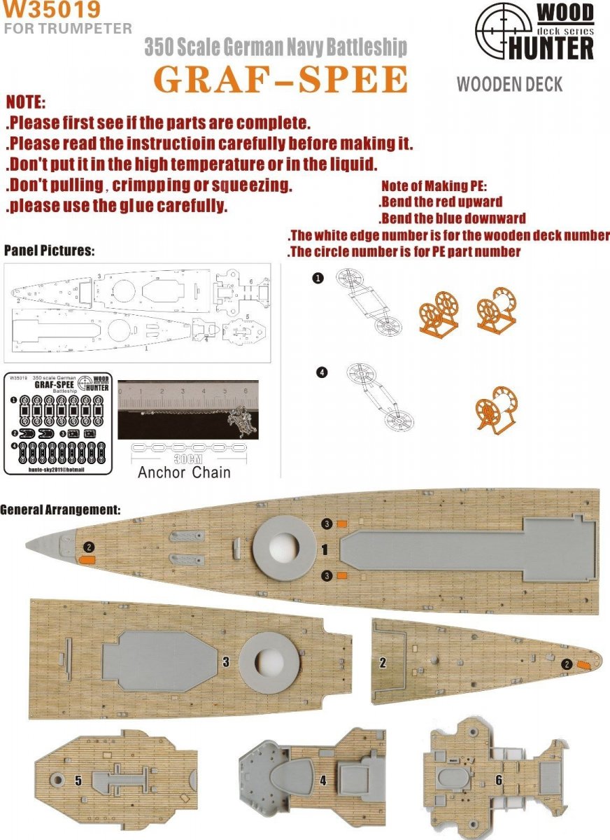 Wood Hunter W35019 Pont en bois Amiral allemand Graf Spee pour Trumpeter 1/350