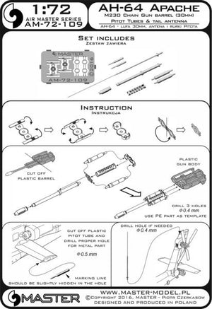 Maquette Master AM-72-109 AH-64 Apache - Canon mitrailleur M230 (30 mm), tubes Pitot et antenne de queue (résine, photodécoupe et pièces tournées) 1/72 – image 6