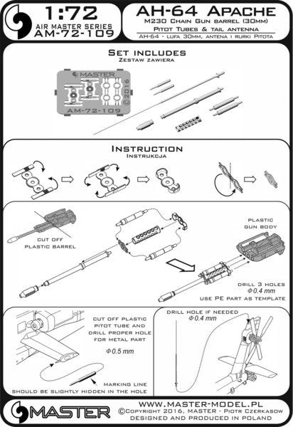 Maquette Master AM-72-109 AH-64 Apache - Canon mitrailleur M230 (30 mm), tubes Pitot et antenne de queue (résine, photodécoupe et pièces tournées) 1/72 – image 6