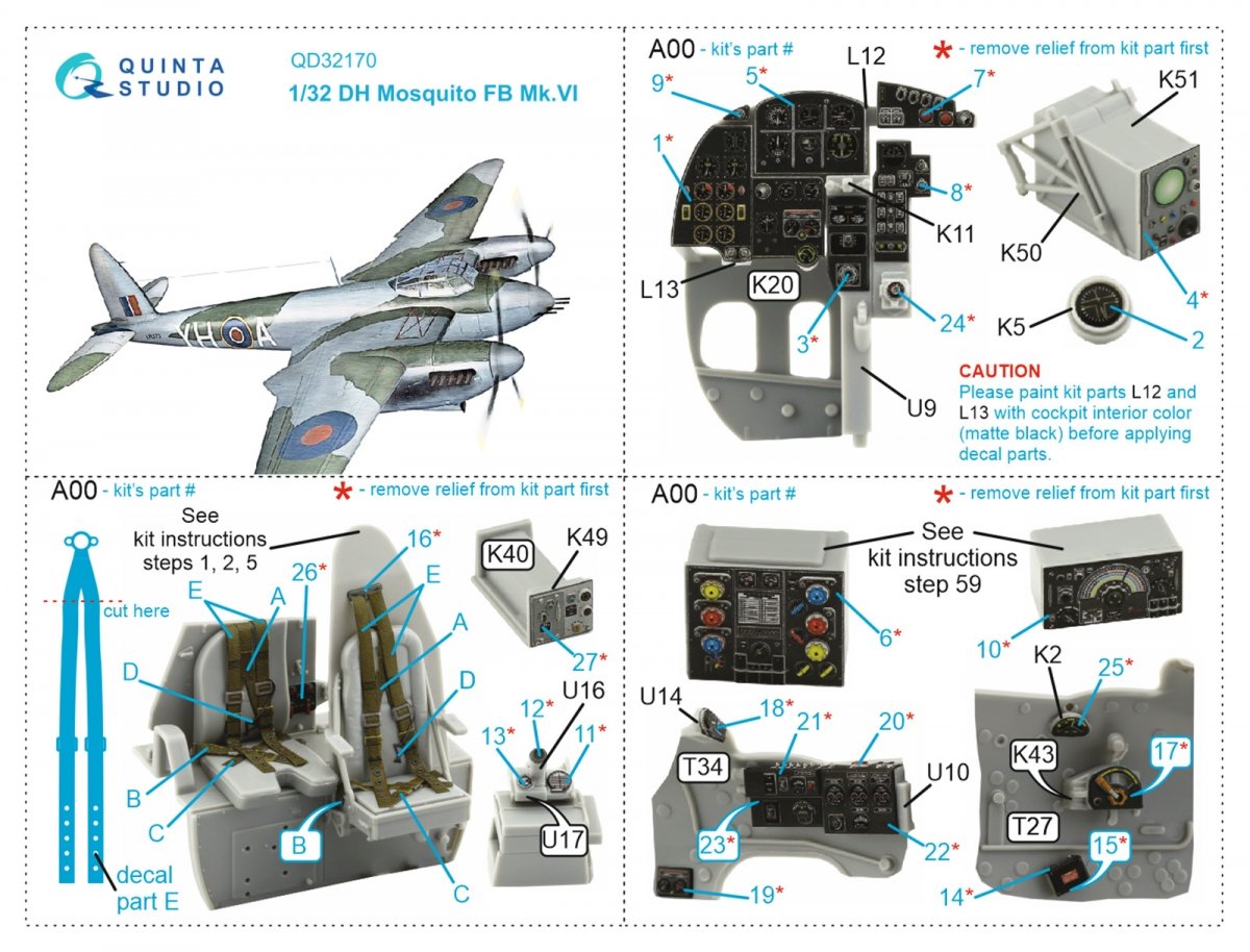 Intérieur imprimé en 3D et coloré sur papier décalcomanie Quinta Studio QD32170 DH Mosquito FB Mk.VI (Tamiya) 1/32 – Bild 7