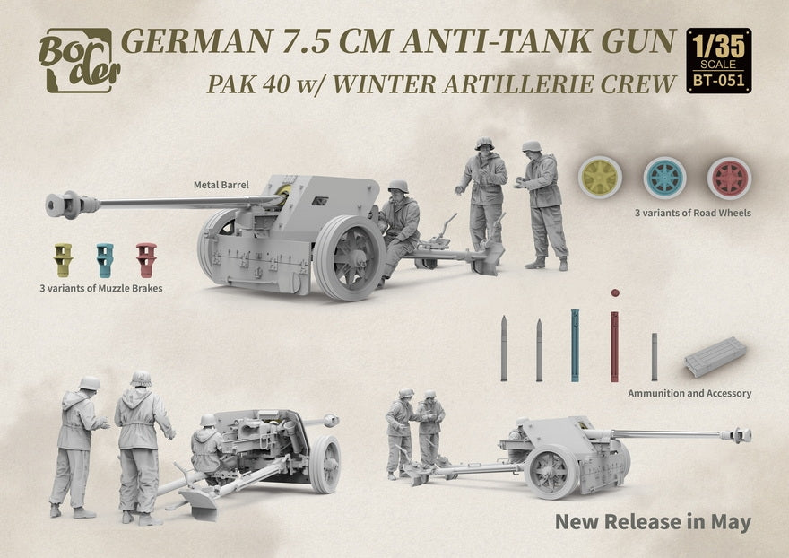 Maquette Border BT-051 Canon antichar allemand PaK 40 de 7,5 cm avec équipage d&amp;#39;artillerie d&amp;#39;hiver. Échelle 1/35 – immagine 3