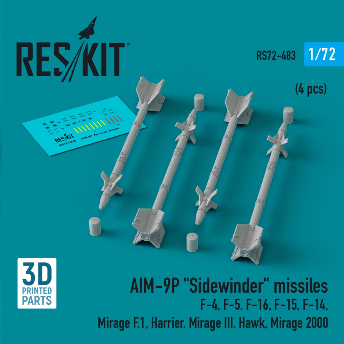 Missiles AIM-9P « Sidewinder » RESKIT RS72-0483 (4 pièces) (Impression 3D) 1/72