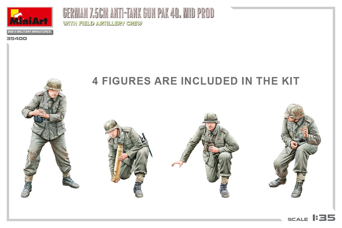 MiniArt 35400 Canon antichar allemand de 7,5 cm PAK 40. Production moyenne avec équipe d&amp;#39;artillerie de campagne 1/35  – image 2