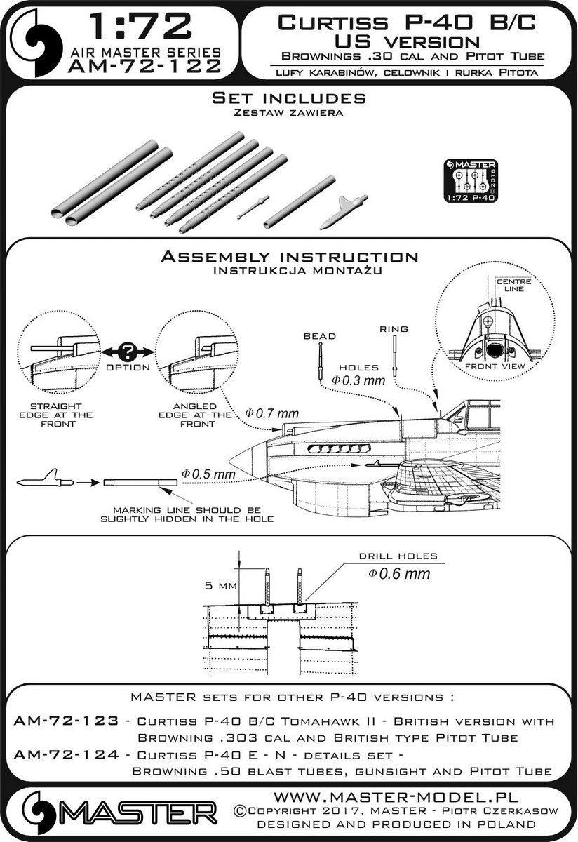 Master AM-72-122 Curtiss P-40 B/C - Version américaine - Canons de fusil Browning de calibre .30 et tubes Pitot version américaine (1/72) – imagen 4