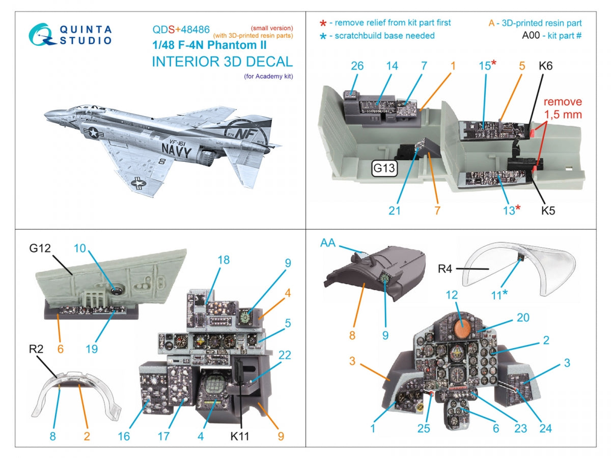 Quinta Studio QDS+48486 F-4N Phantom II Intérieur imprimé en 3D et coloré sur papier décalcomanie (Academy) (Petite version) (avec pièces en résine imprimées en 3D) 1/48  – Bild 3