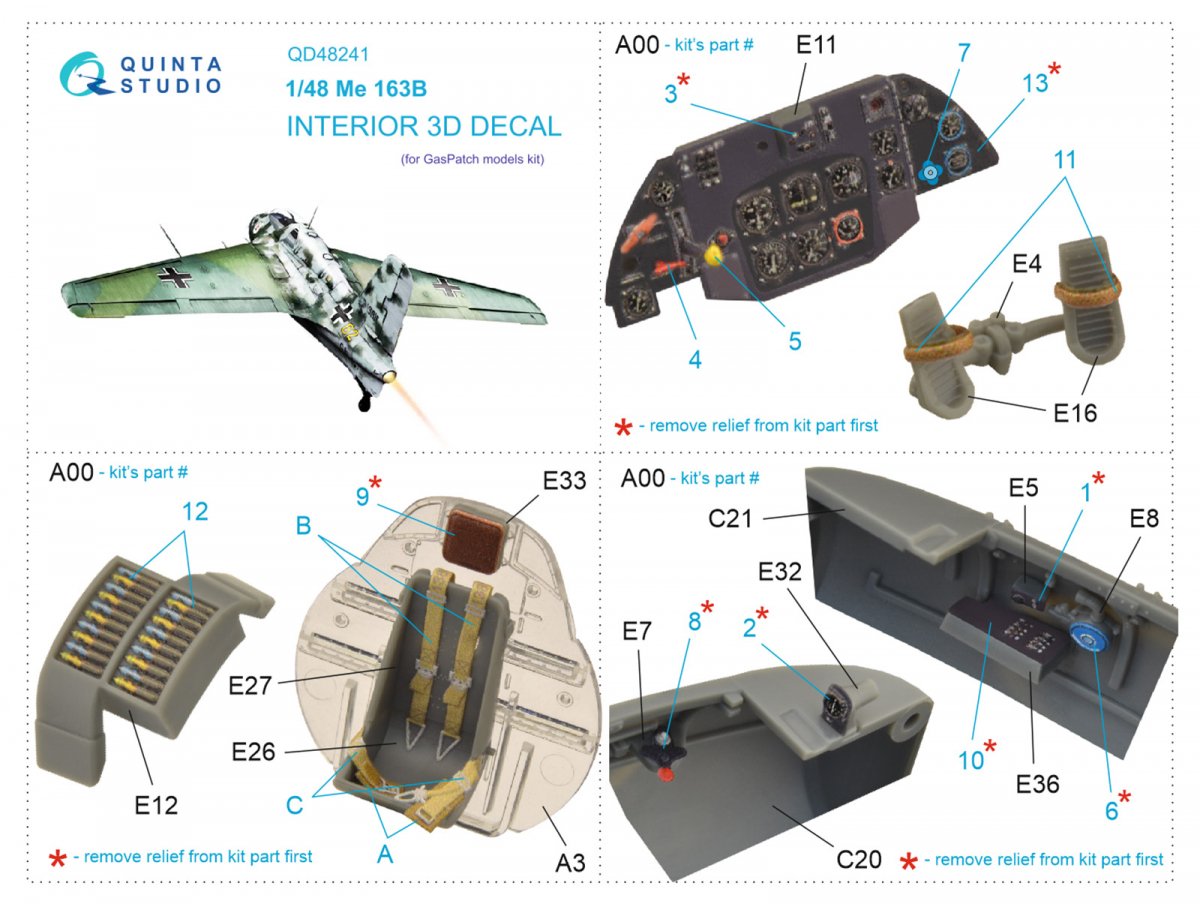 Intérieur imprimé en 3D et coloré sur papier décalcomanie Quinta Studio QD48241 Me 163B (GasPatch models) 1/48 – Bild 2