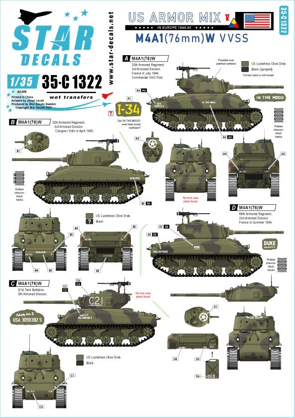 Star Decals 35-C1322 US Armor Mix #5 M4A1 (76) W Sherman en Europe 1944-45 1/35
