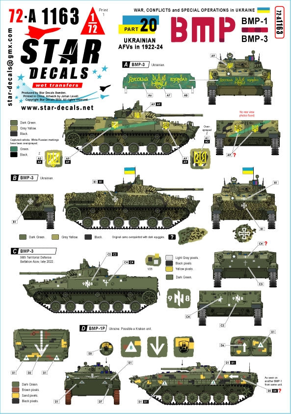 Star Decals 72-A1163 Guerre en Ukraine 20 BMP-1 et BMP-3 ukrainiens en 2022-24 1/72