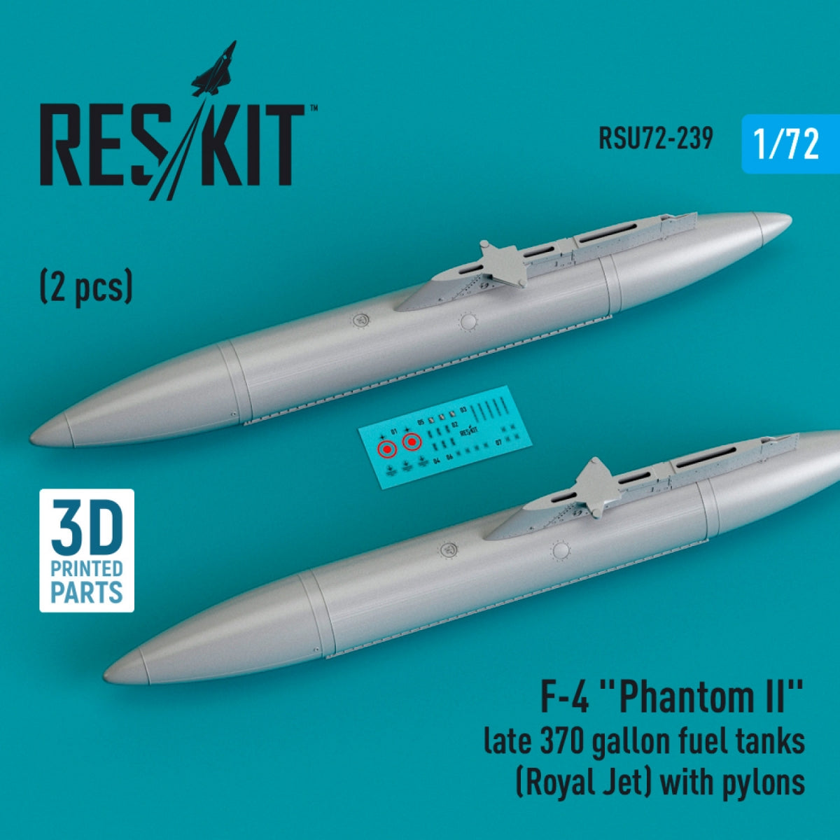 RESKIT RSU72-0239 F-4 « PHANTOM II » TARDIF RÉSERVOIRS DE CARBURANT DE 370 GALLONS (ROYAL JET) AVEC PYLÔNES (2 PIÈCES) (IMPRIMÉ EN 3D) 1/72