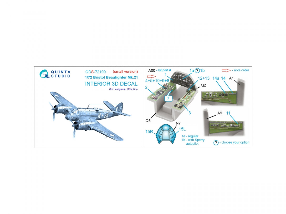 Intérieur imprimé en 3D et coloré sur papier décalcomanie Quinta Studio QDS-72199 Bristol Beaufighter Mk.21 (petite version) 1/72 – image 2