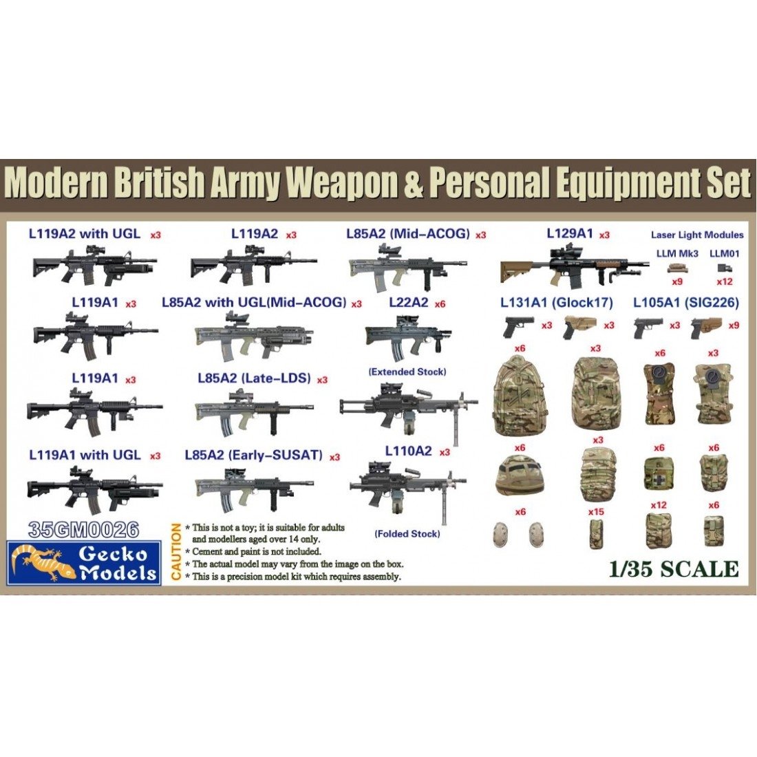 Gecko Models 35GM0026 Coffret d&amp;#39;armes et d&amp;#39;équipements de l&amp;#39;armée britannique à l&amp;#39;échelle 1/35