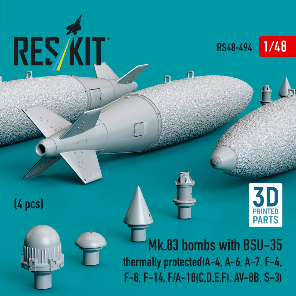RESKIT RS48-0494 Bombes Mk.83 avec protection thermique BSU-35 (4 pièces) (impression 3D) 1/48  – immagine 2
