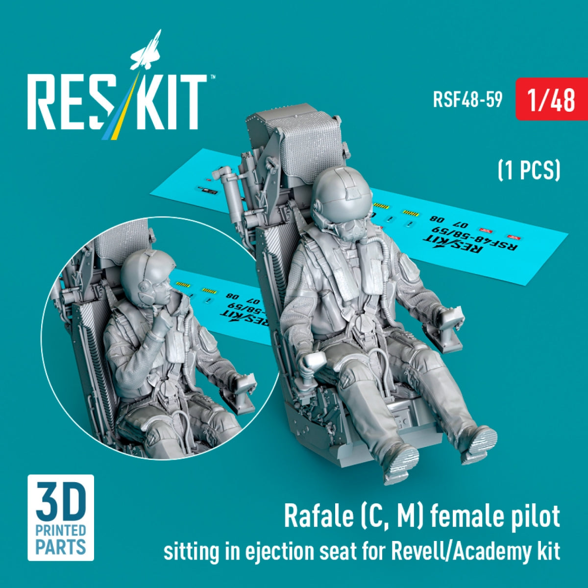 RESKIT RSF48-0059 Rafale (C, M) pilote féminine assise dans un siège éjectable pour maquette Revell/Academy (1 pièce) (Impression 3D) 1/48