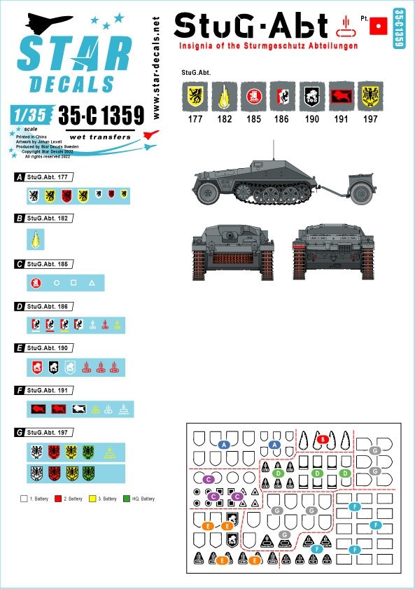 Star Decals 35-C1359 StuG-Abt 1 Insignes génériques et marquages ​​d'unité pour les unités Sturmgeschûtz 1/35