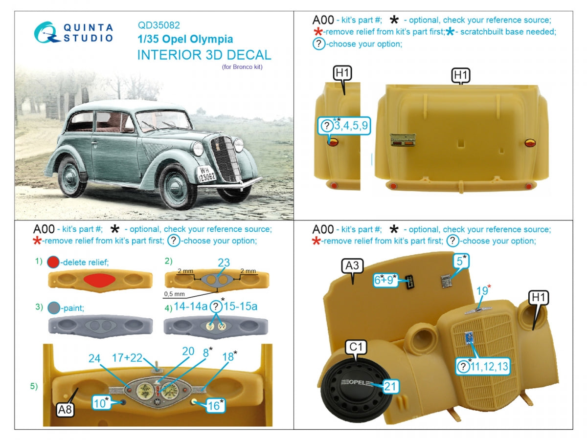 Quinta Studio QD35082 1937 Opel Olympia Intérieur imprimé en 3D et coloré sur papier décalcomanie (Bronco) 1/35  – immagine 2