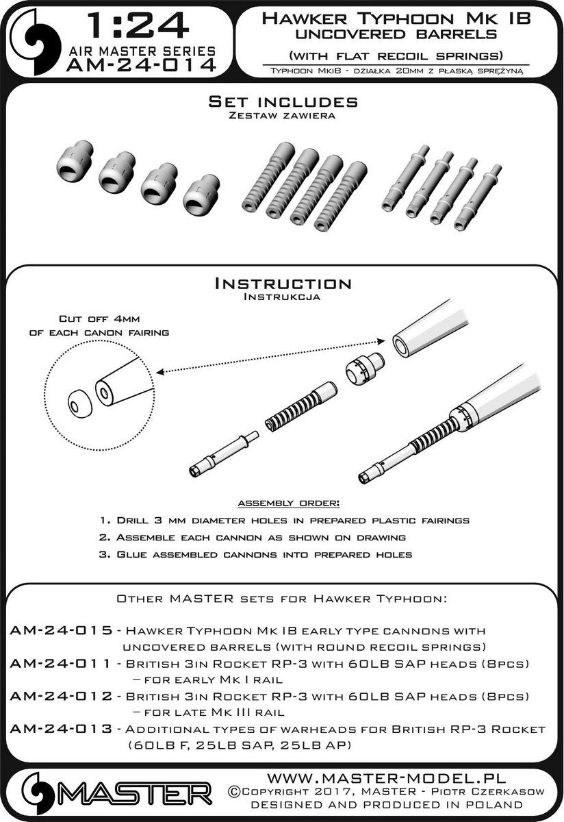 Master AM-24-014 Hawker Typhoon Mk IB - canons de type ancien (sans protections) avec ressort plat (4 pièces) (1/24) – immagine 4