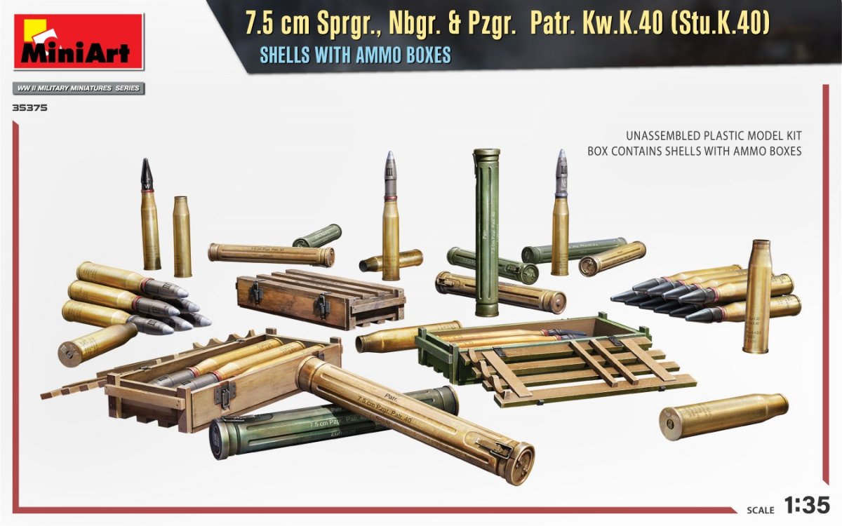 MiniArt 35375 Obus de 7,5 cm Sprgr., Nbgr. et Pzgr. Voir Kw.K.40 (Stu.K.40) avec boîtes de munitions 1/35 – image 2