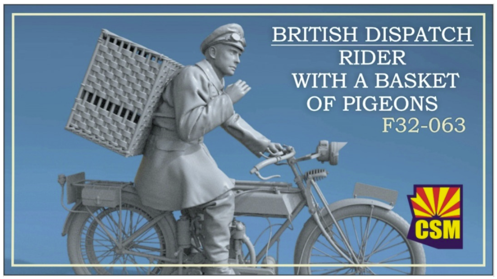 Copper State Models F32-063 Cavalier-dépêcheur britannique avec panier de pigeons (moto non incluse) 1/32