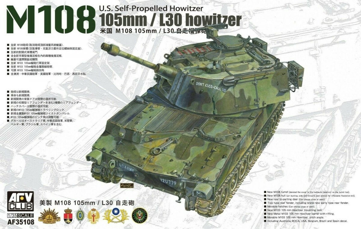 AFV Club 35108 Obusier automoteur américain M108 105 mm/L30, échelle 1/35