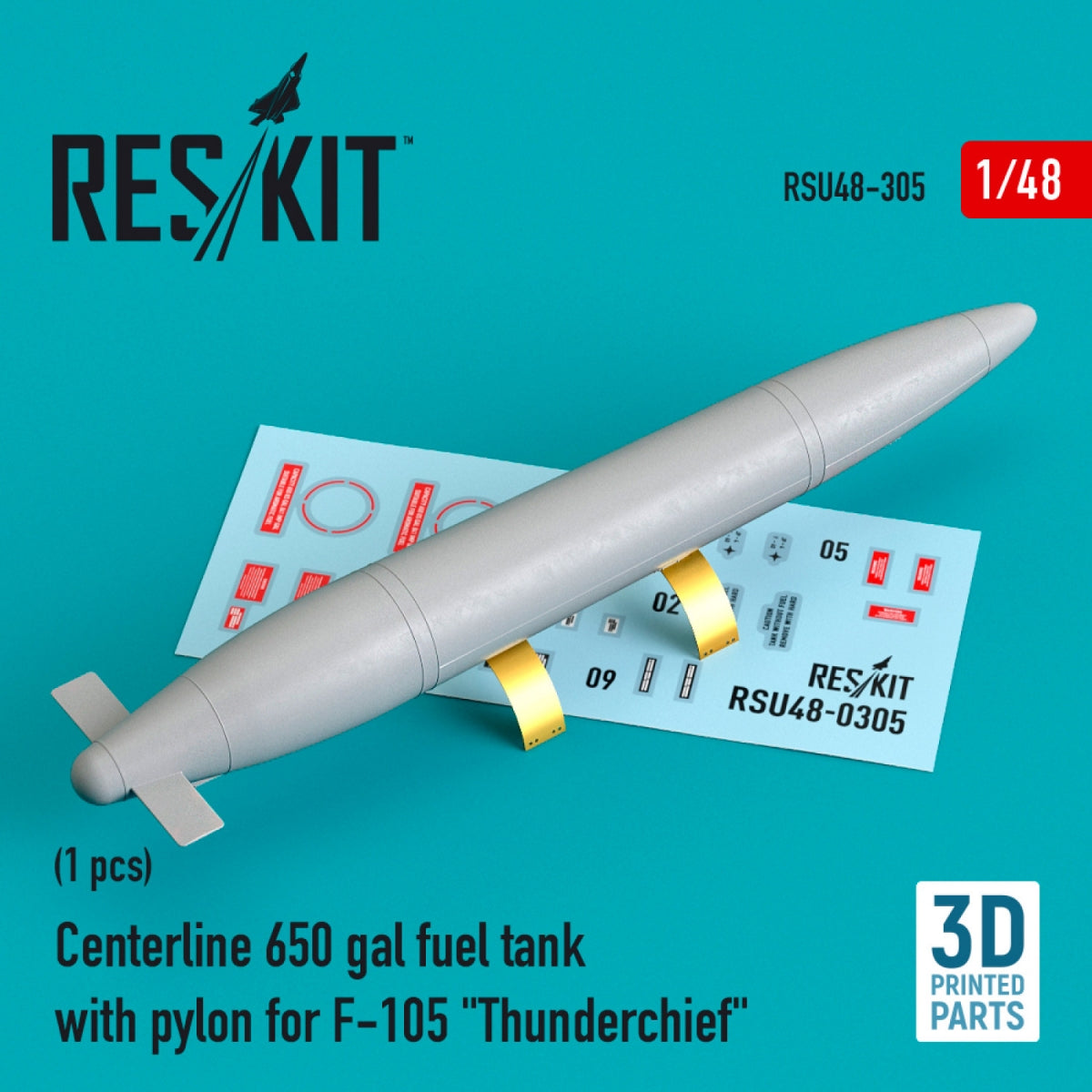 Réservoir de carburant RESKIT RSU48-0305 CENTERLINE 650 gal avec pylônes pour F-105 « THUNDERCHIEF » (1 pièce) (impression 3D) 1/48