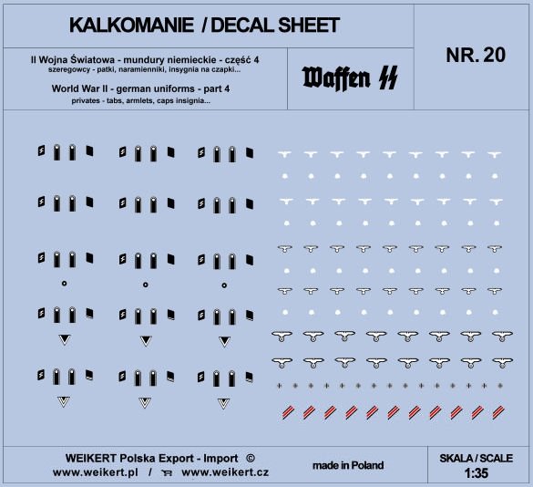 Weikert Decals DEC220 Uniformes allemands - onglets, épaulettes, insignes de casquette - WAFFEN SS - ver.4 - vol.20 1/35