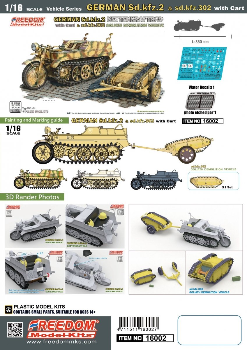 Freedom 16002 ALLEMAND SD.KFZ.2 KETTENKRAFTRAD &amp;amp; SD.KFZ.302 VÉHICULE DE DÉMOLITION GOLIATH 1/16 – imagen 2