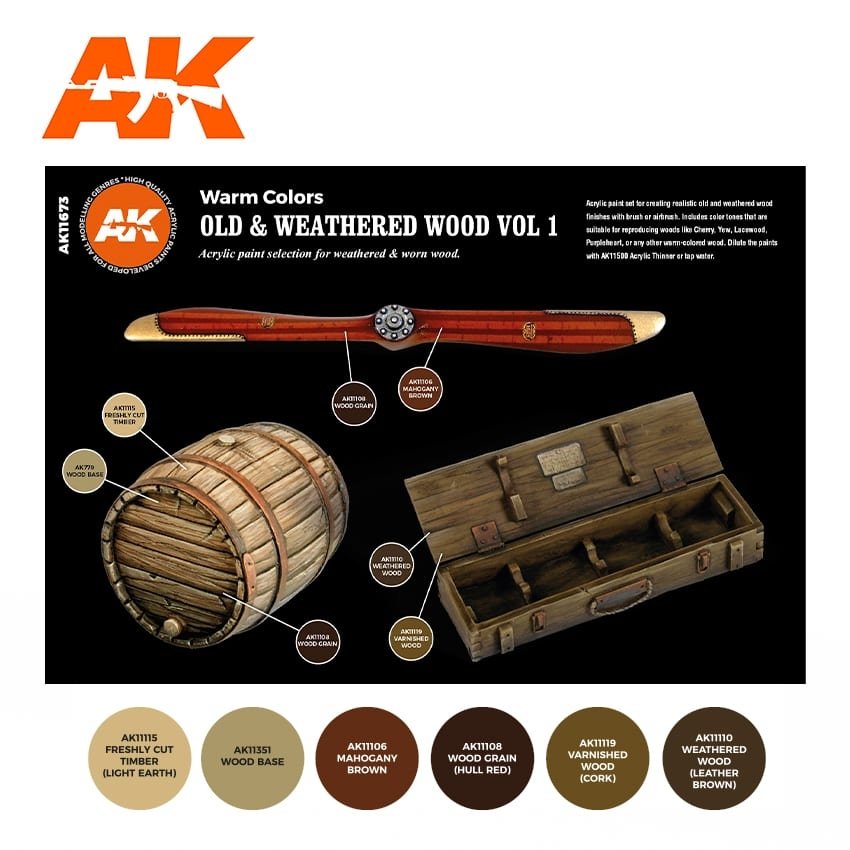 AK Interactive AK11673 3G OLD &amp;amp; WEATHERED WOOD VOL 1 6x17 ml