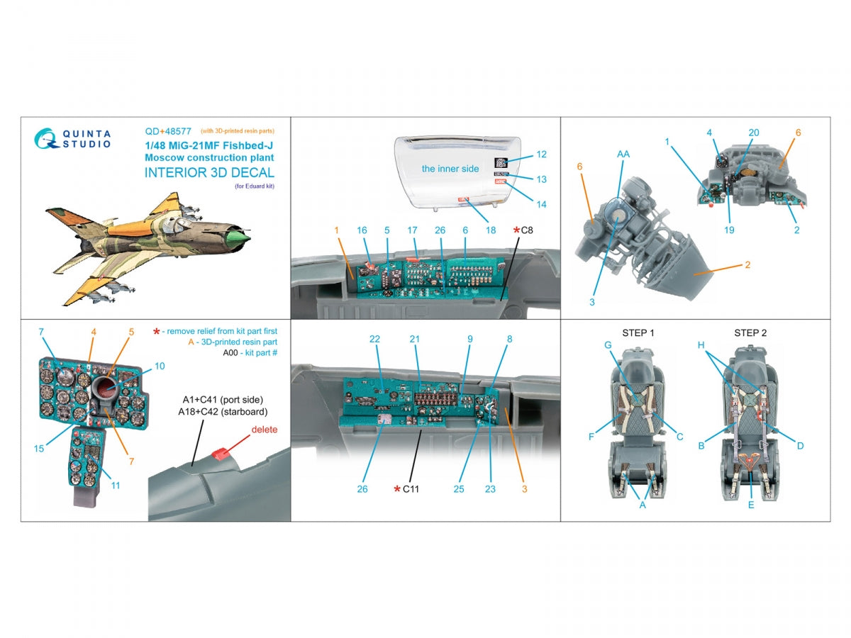 Quinta Studio QD+48577 MiG-21MF Fishbed-J (usine de Moscou) Intérieur imprimé en 3D et coloré sur papier décalcomanie (Eduard) (avec pièces en résine imprimées en 3D) 1/48 – Bild 2