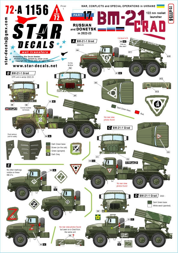 Star Decals 72-A1156 Guerre en Ukraine n° 17. Lance-roquettes BM-21 Grad 122 mm. BM-21 russe et de Donetsk (2022-2023), échelle 1/72.