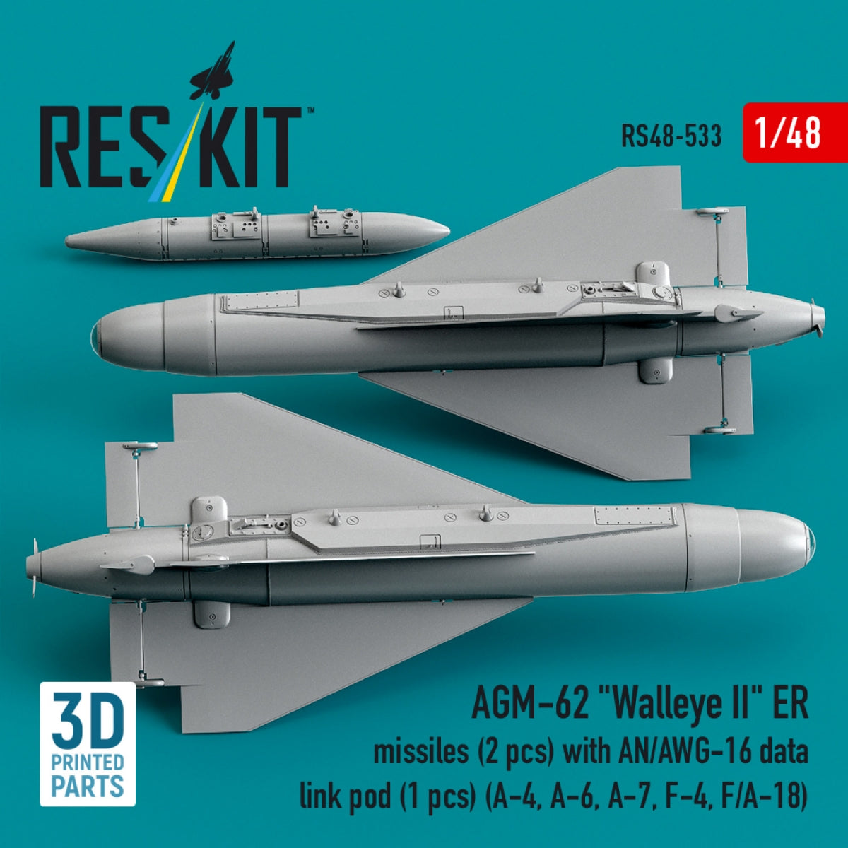 RESKIT RS48-0533 AGM-62 "Walleye II" ER missiles (2 pcs) with AN/AWG-16 data link pod (1 pcs) (A-4, A-6, A-7, F-4, F/A-18) (3D Printed) 1/48