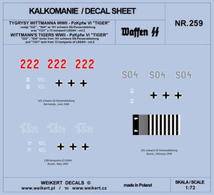 Weikert Decals DEC259 WITTMANN&amp;#39;S TIGERS - Char Pzkpfw VI TIGER - 101 schwere SS-Panzerabteilung - vol.2 1/72