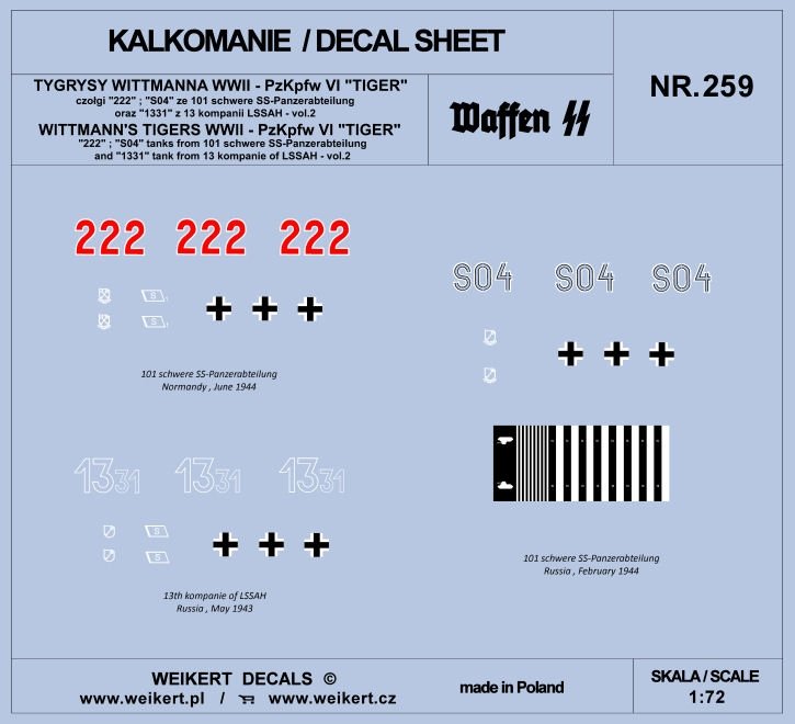 Weikert Decals DEC259 WITTMANN&amp;#39;S TIGERS - Char Pzkpfw VI TIGER - 101 schwere SS-Panzerabteilung - vol.2 1/72