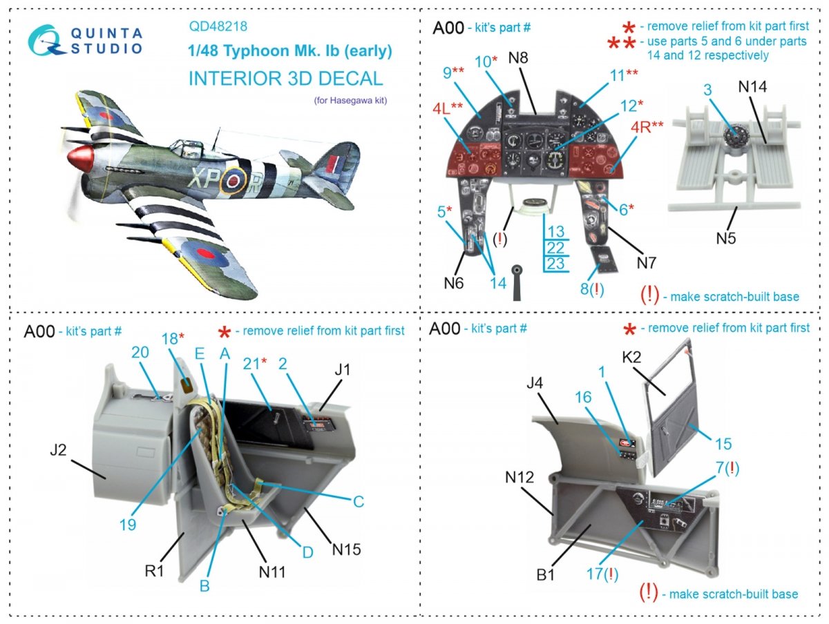Quinta Studio QD48218 Hawker Typhoon Mk.1b (première génération) Intérieur imprimé en 3D et coloré sur papier décalcomanie (Hasegawa) 1/48  – Bild 2