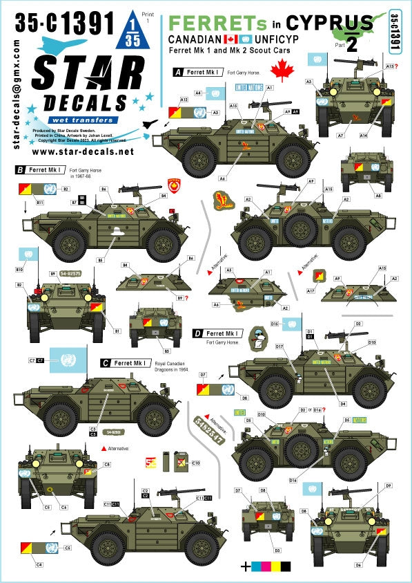 Star Decals 35-C1391 Furets à Chypre n° 2. Ferret Mk 1 et Mk 2 de l'UNFICYP canadien, échelle 1/35