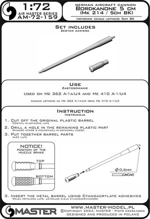 Maquette Master AM-72-159 Canon de bord allemand de 5 cm (Mk 214 / 5 cm BK) - utilisé sur Me 262 A-1a/U4, Me 410 A-1/U4 1/72 – imagen 7