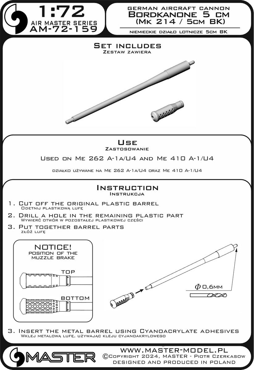 Maquette Master AM-72-159 Canon de bord allemand de 5 cm (Mk 214 / 5 cm BK) - utilisé sur Me 262 A-1a/U4, Me 410 A-1/U4 1/72 – imagen 7