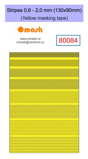 Ruban de masquage jaune Omask 80084, rayures de 0,6 à 2,0 mm (130 x 90 mm).