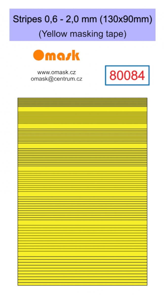Ruban de masquage jaune Omask 80084, rayures de 0,6 à 2,0 mm (130 x 90 mm).